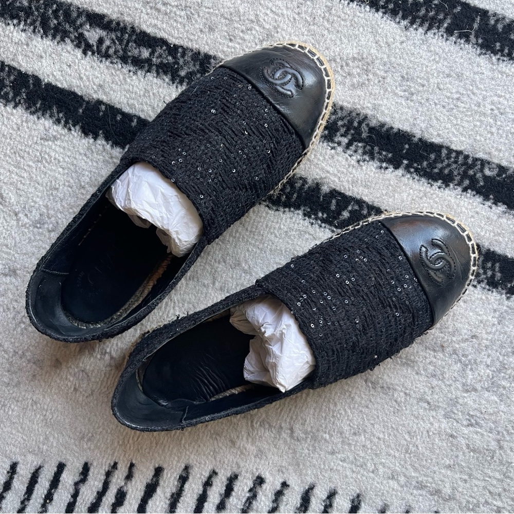 Chanel Black Sequin Espadrilles Size 38